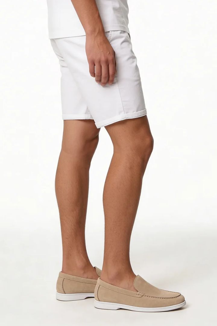 Men’s white cotton chino shorts with tailored fit designed for breathable summer comfort 