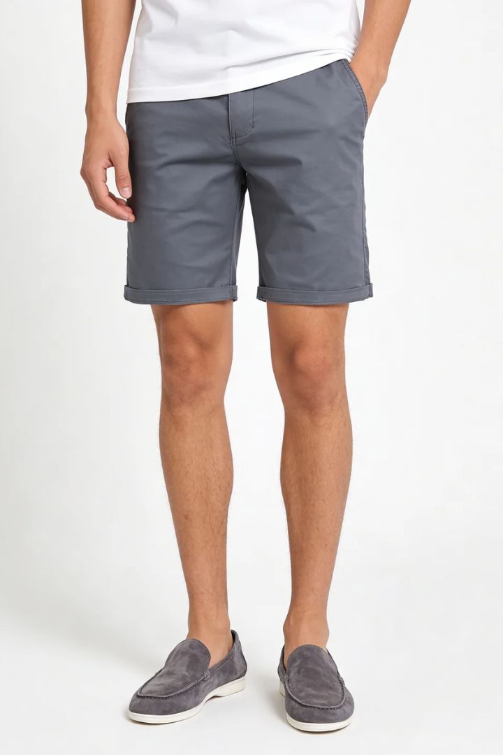 Men’s slate gray cotton chino shorts with tailored fit designed for breathable summer comfort