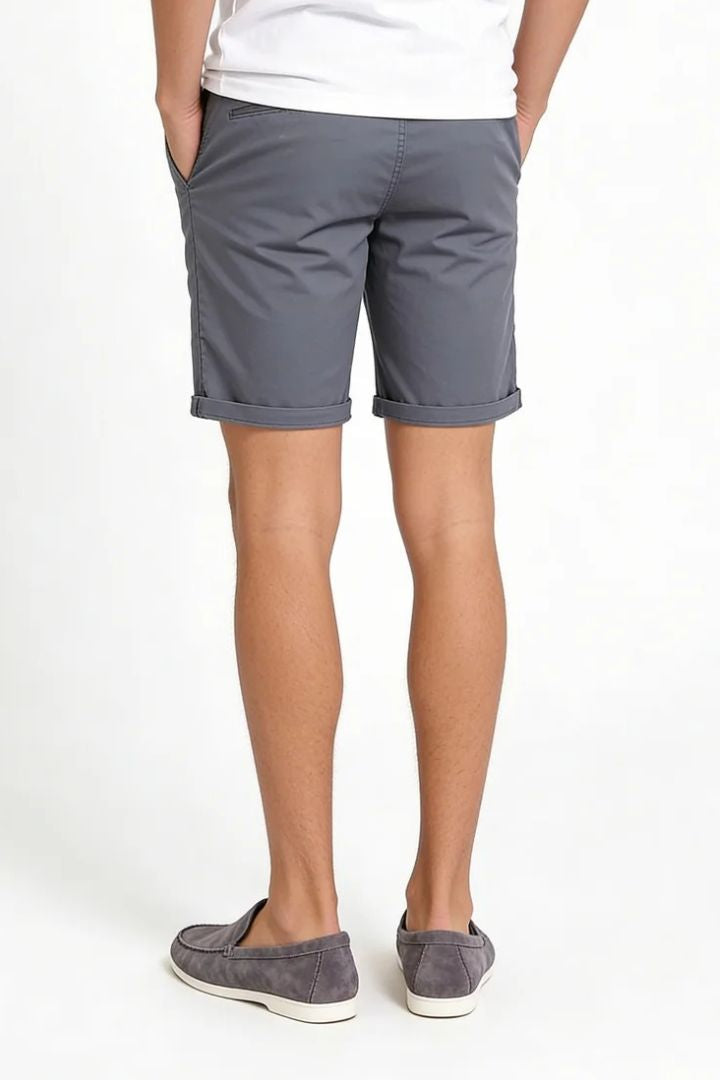 Men’s slate gray cotton chino shorts with tailored fit designed for breathable summer comfort back view