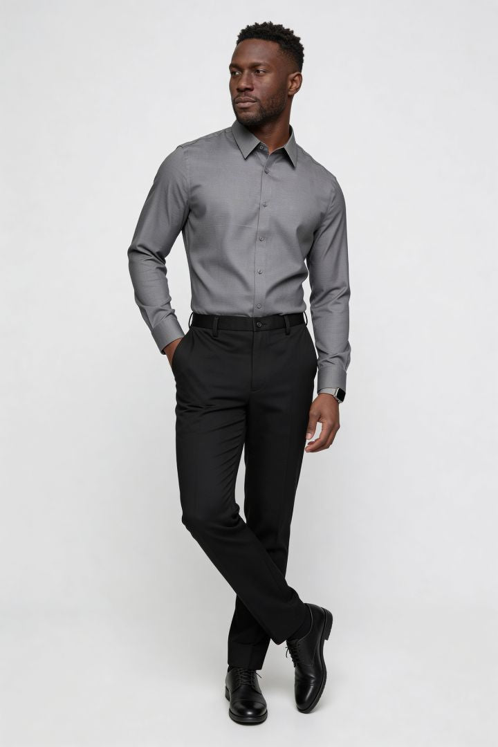 Lavencio Men’s tailored modal dress shirt in gray with modern slim fit full outfit