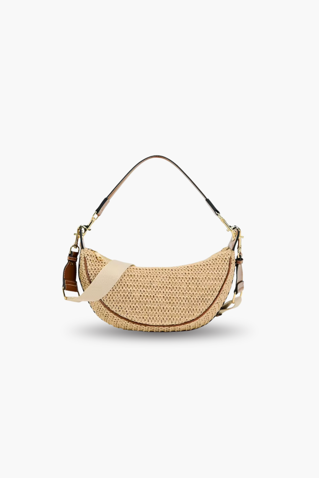 Woven handbag with a strap on a white background