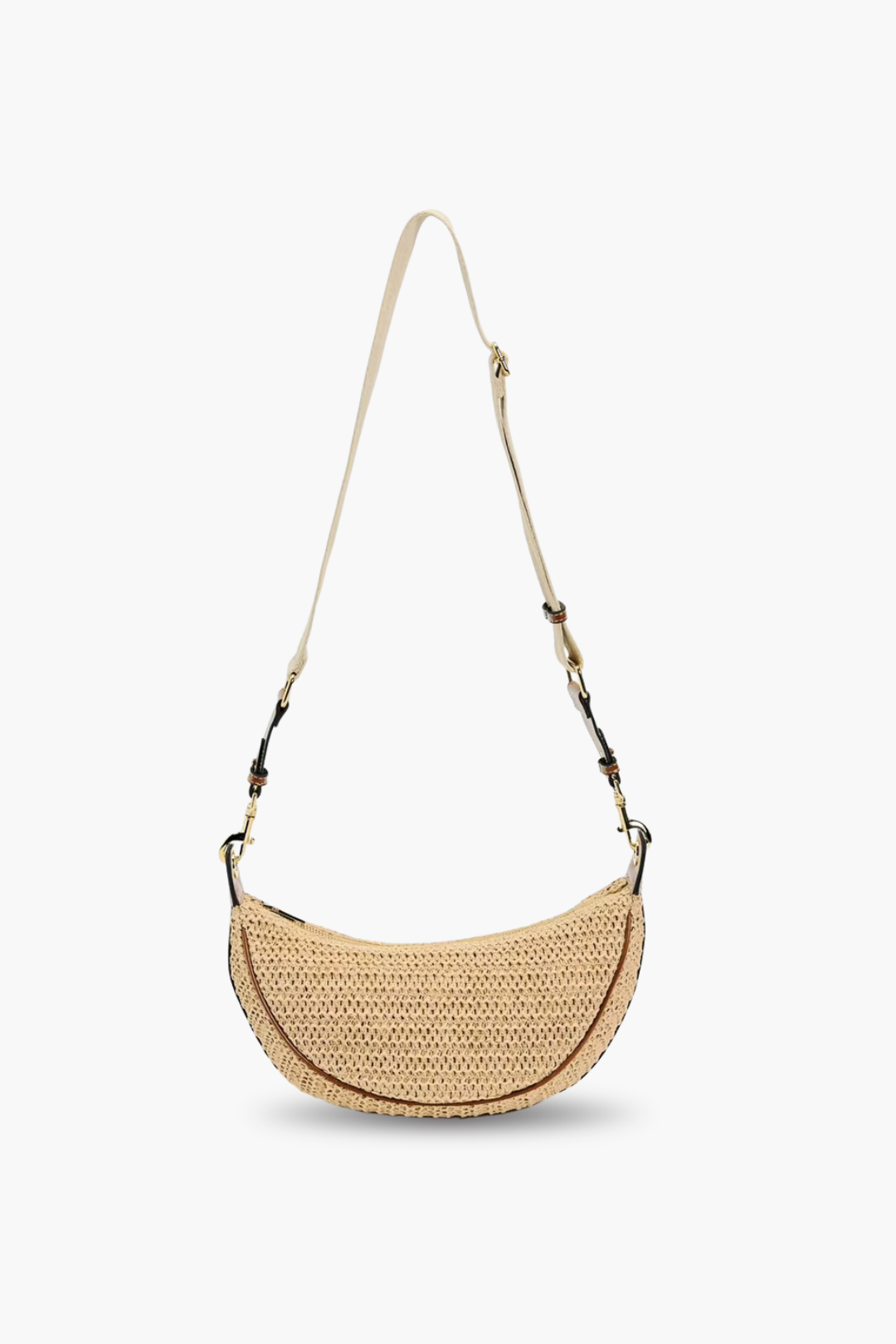 Woven handbag with a strap on a white background