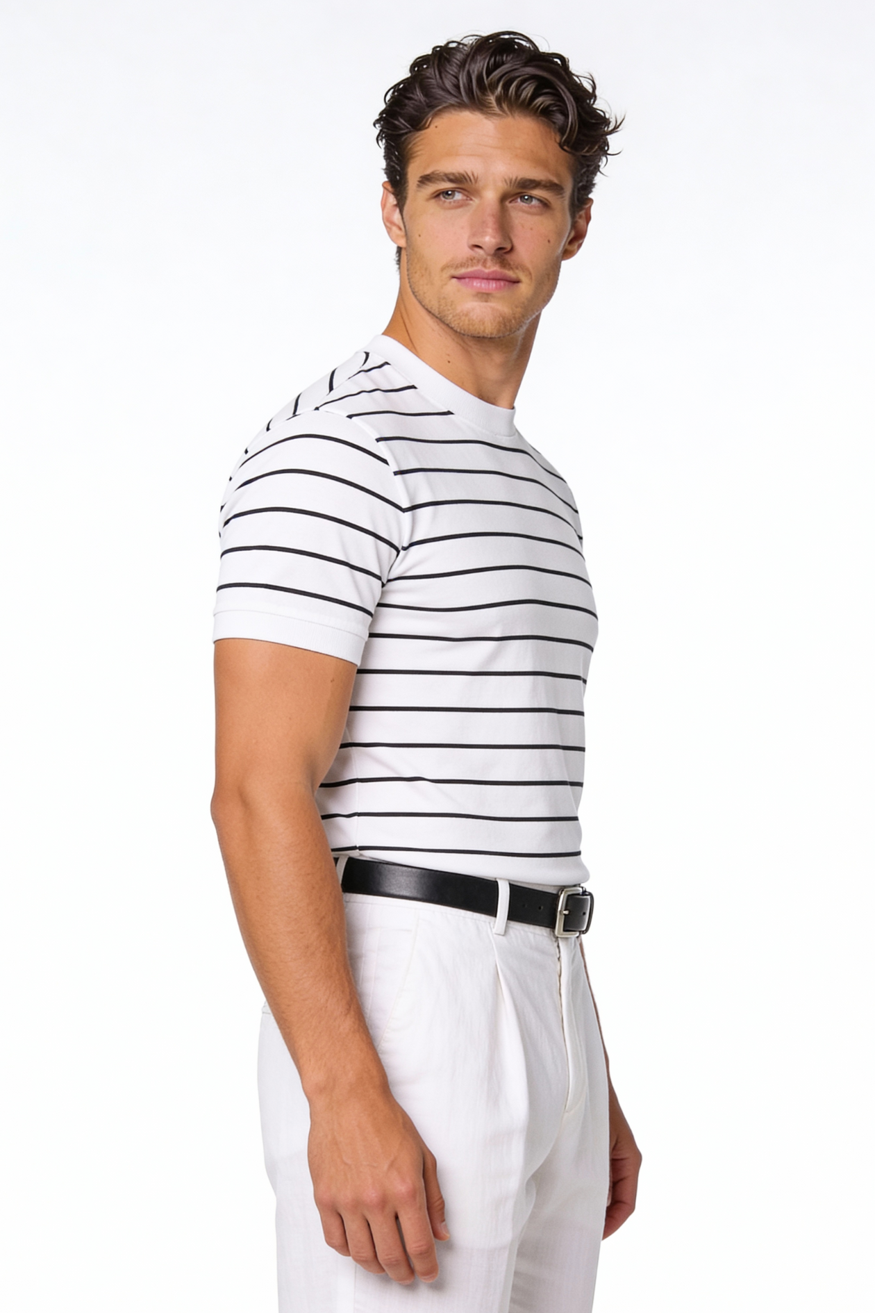 Man wearing the Blake Striped Lyocell T-Shirt with a clean striped design and lightweight fabric in a studio setting.