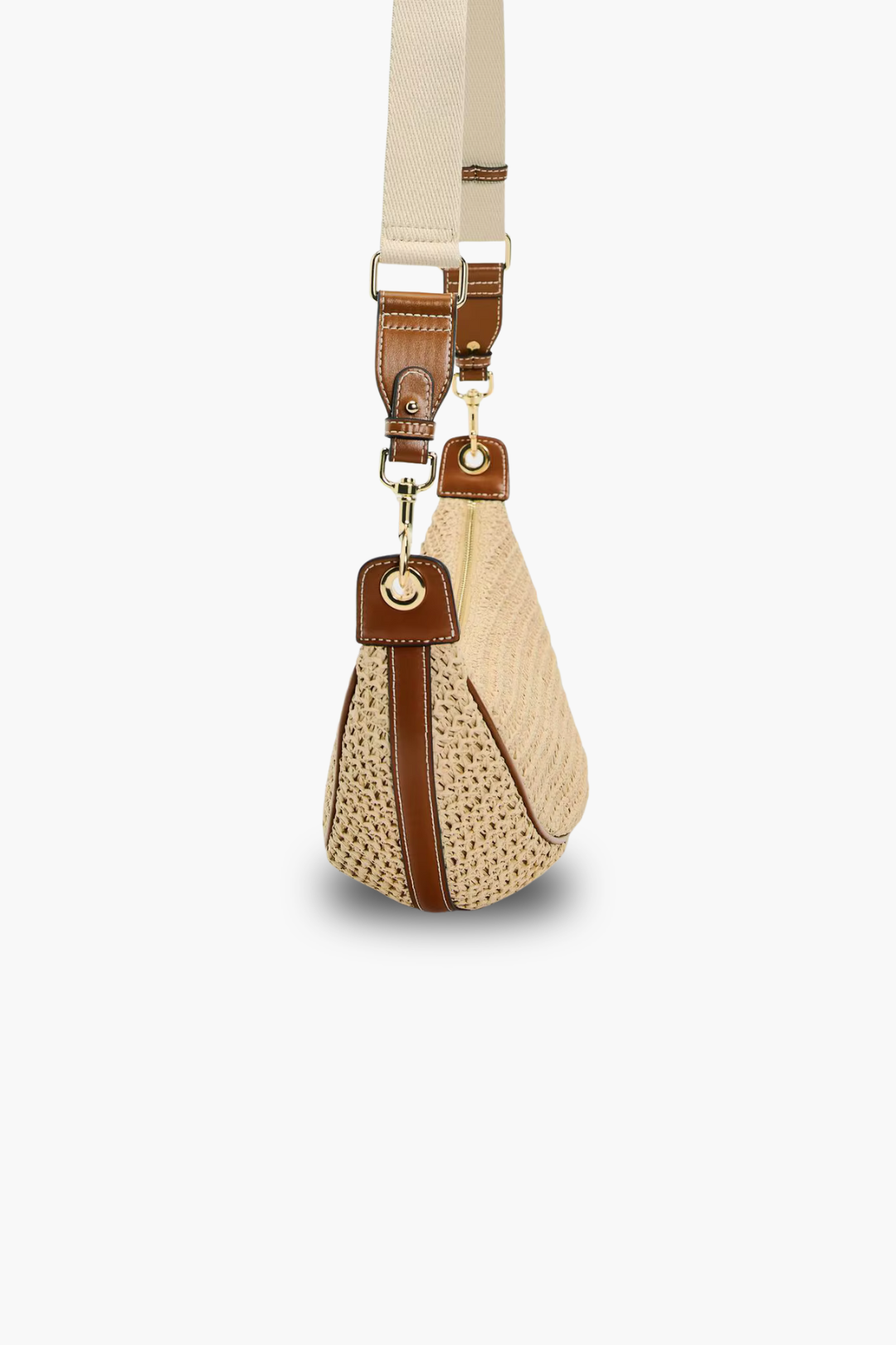 Beige handbag with brown accents on a white background
