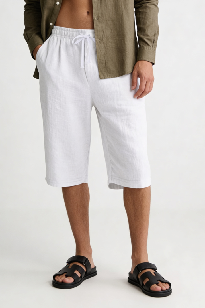 Trevor Linen Drawstring Capri Shorts - White