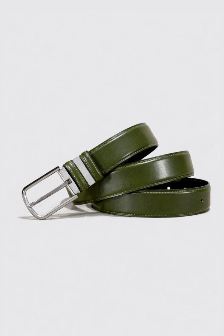 Lavencio Men’s 3.8cm top grain leather dress belt with silver buckle in forest green