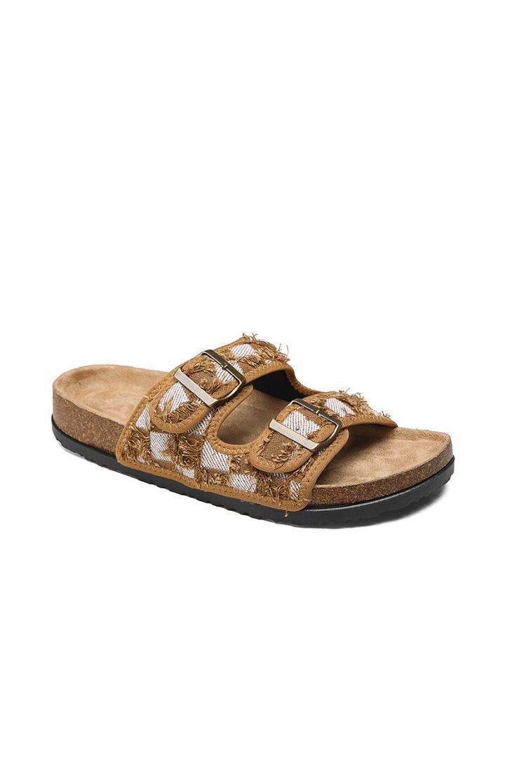 Men wearing woven double buckle sandals cork footbed lightweight summer slides casual comfort