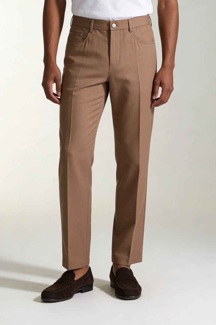 Lavencio Men’s lightweight lyocell linen tailored trousers in warm brown tone