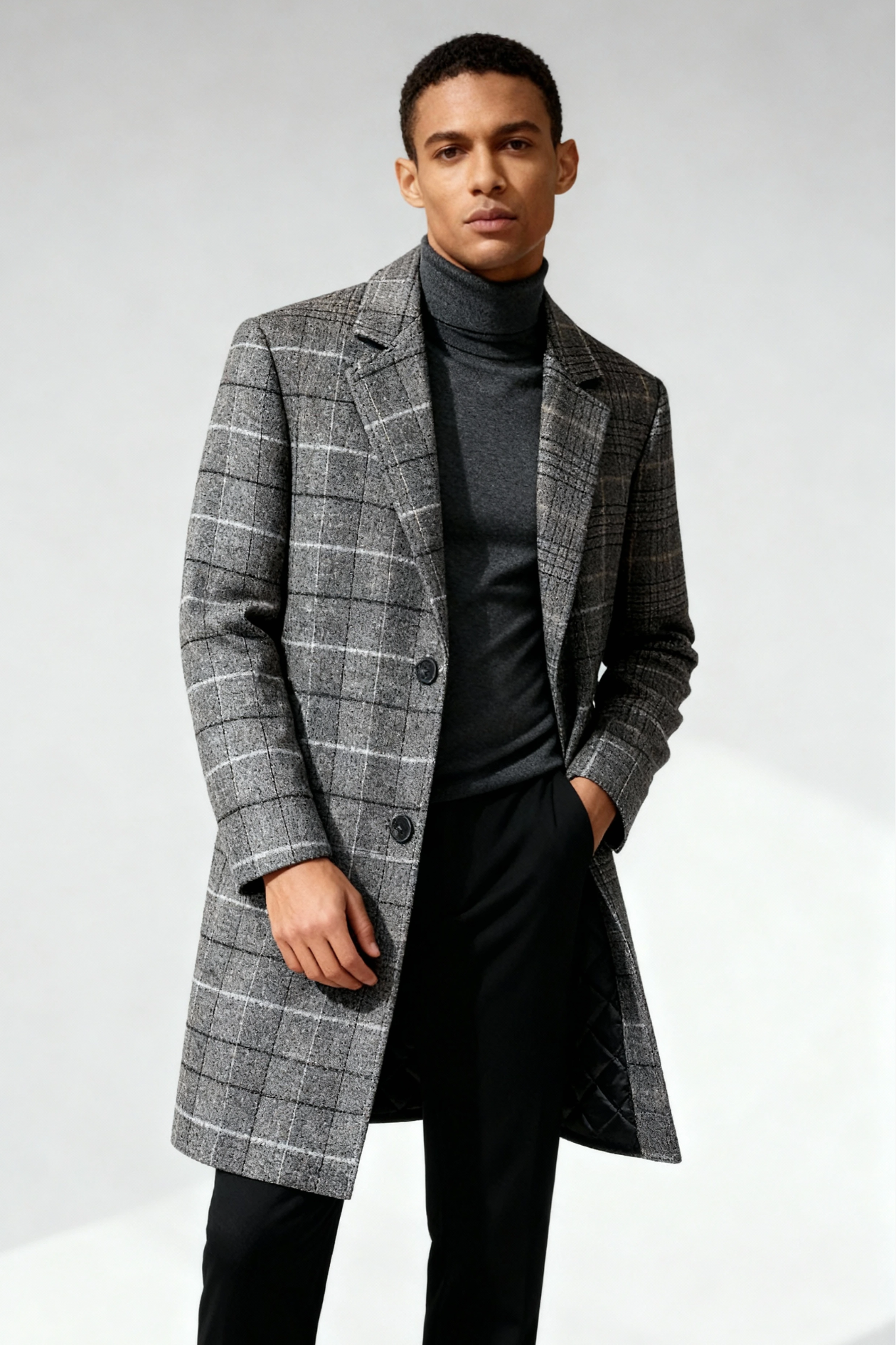 Man wearing a gray checkered overcoat on a white background