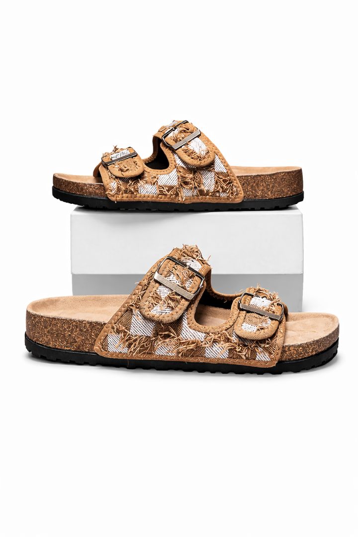 Men wearing woven double buckle sandals cork footbed lightweight summer slides casual comfort