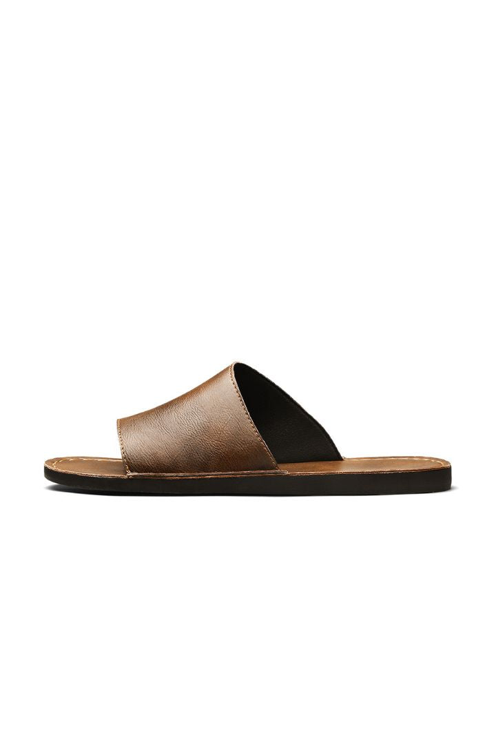 Men's brown leather slide sandals minimalist slip-on summer sandals comfortable casual slides side view