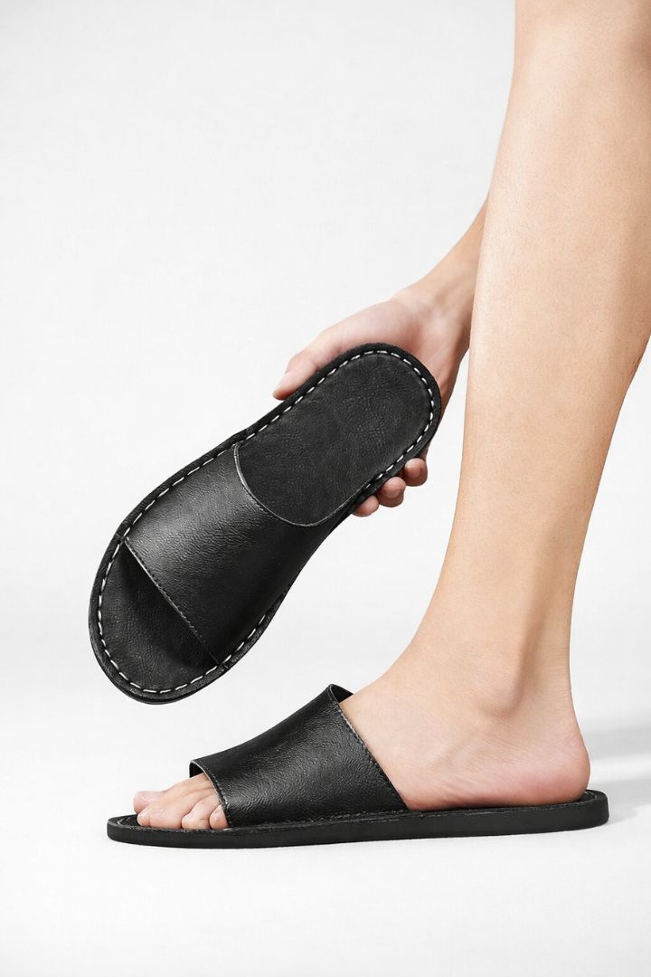Men's black leather slide sandals minimalist slip-on summer sandals comfortable casual slides lifestyle
