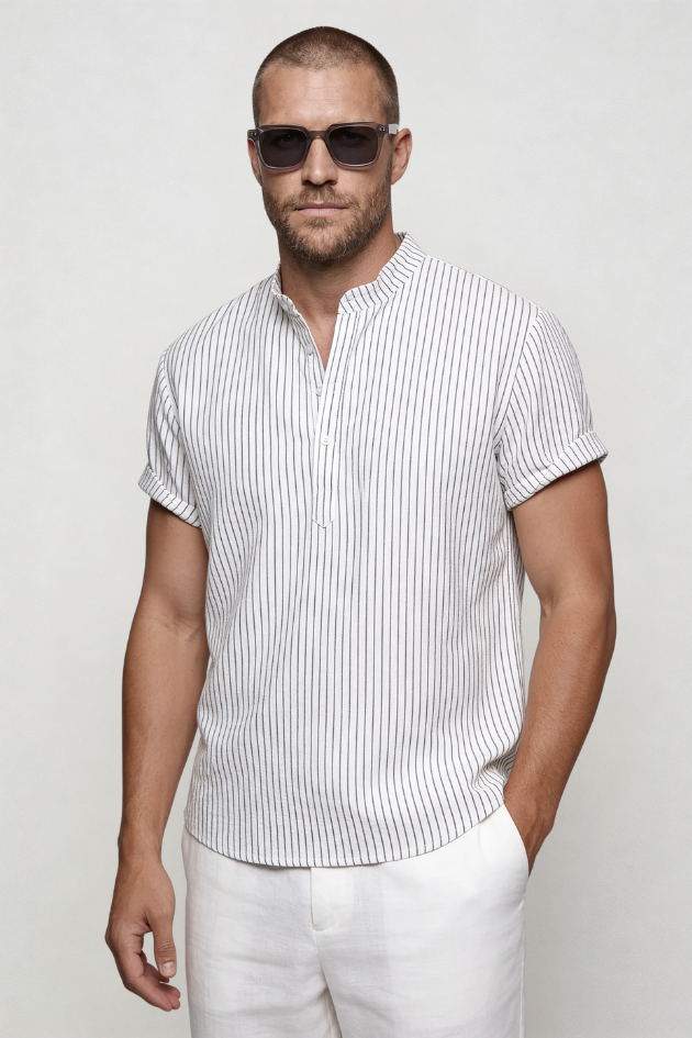 Kasen Striped Henley Shirt - White