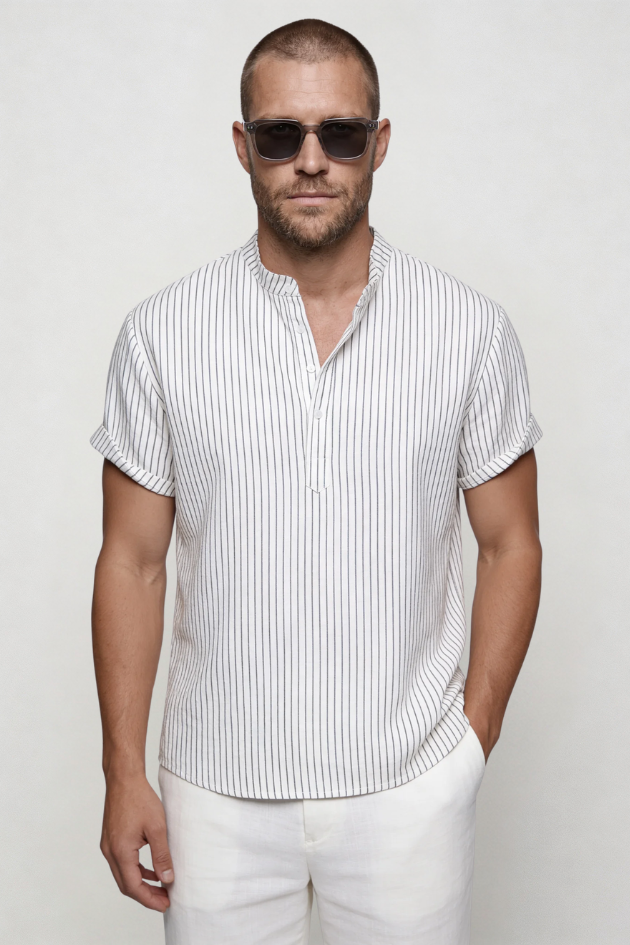 Kasen Striped Henley Shirt - White