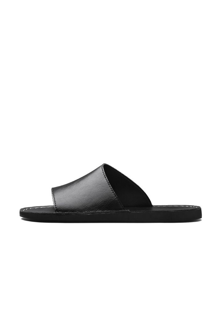 Men's black leather slide sandals minimalist slip-on summer sandals comfortable casual slides side view