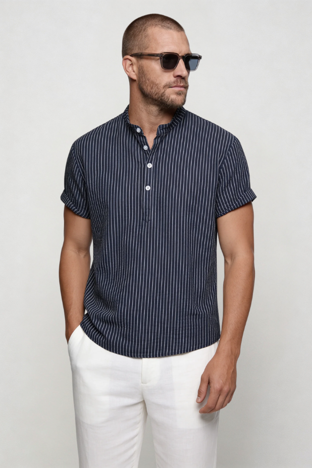 Kasen Striped Henley Shirt - Navy
