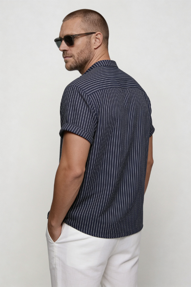 Kasen Striped Henley Shirt - Navy