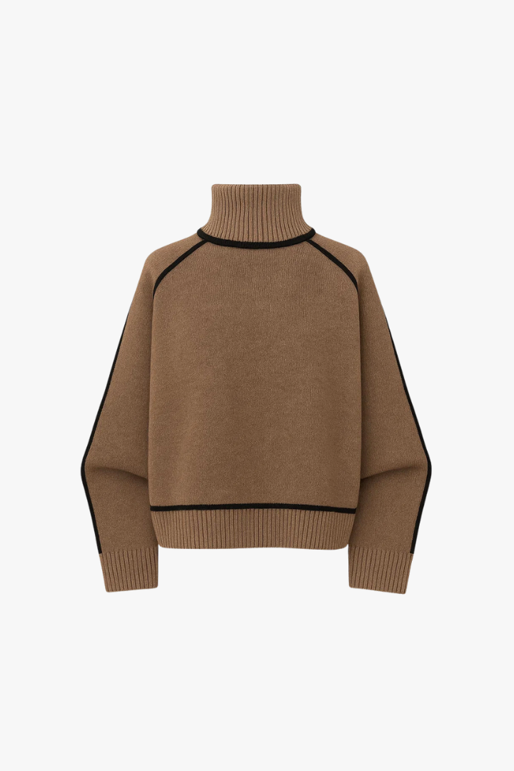 Brown turtleneck sweater with black trim on a white background