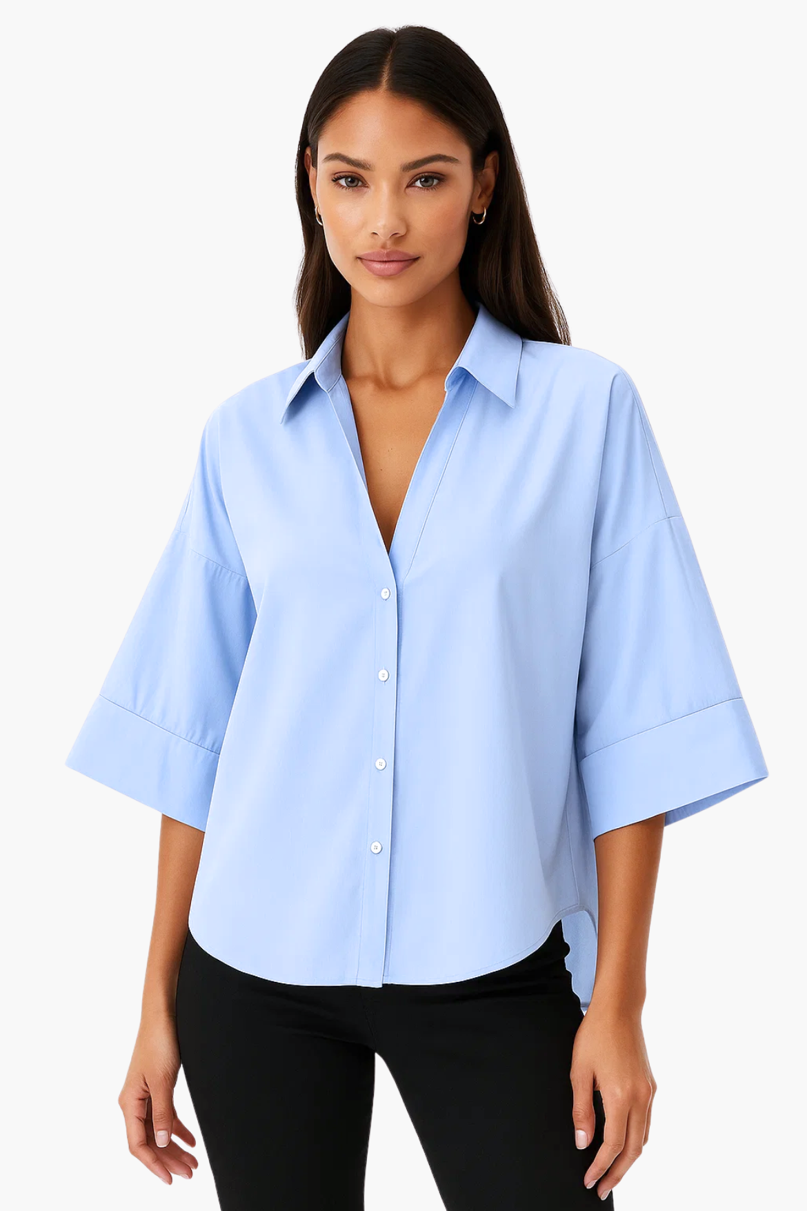 Woman wearing a light blue shirt 