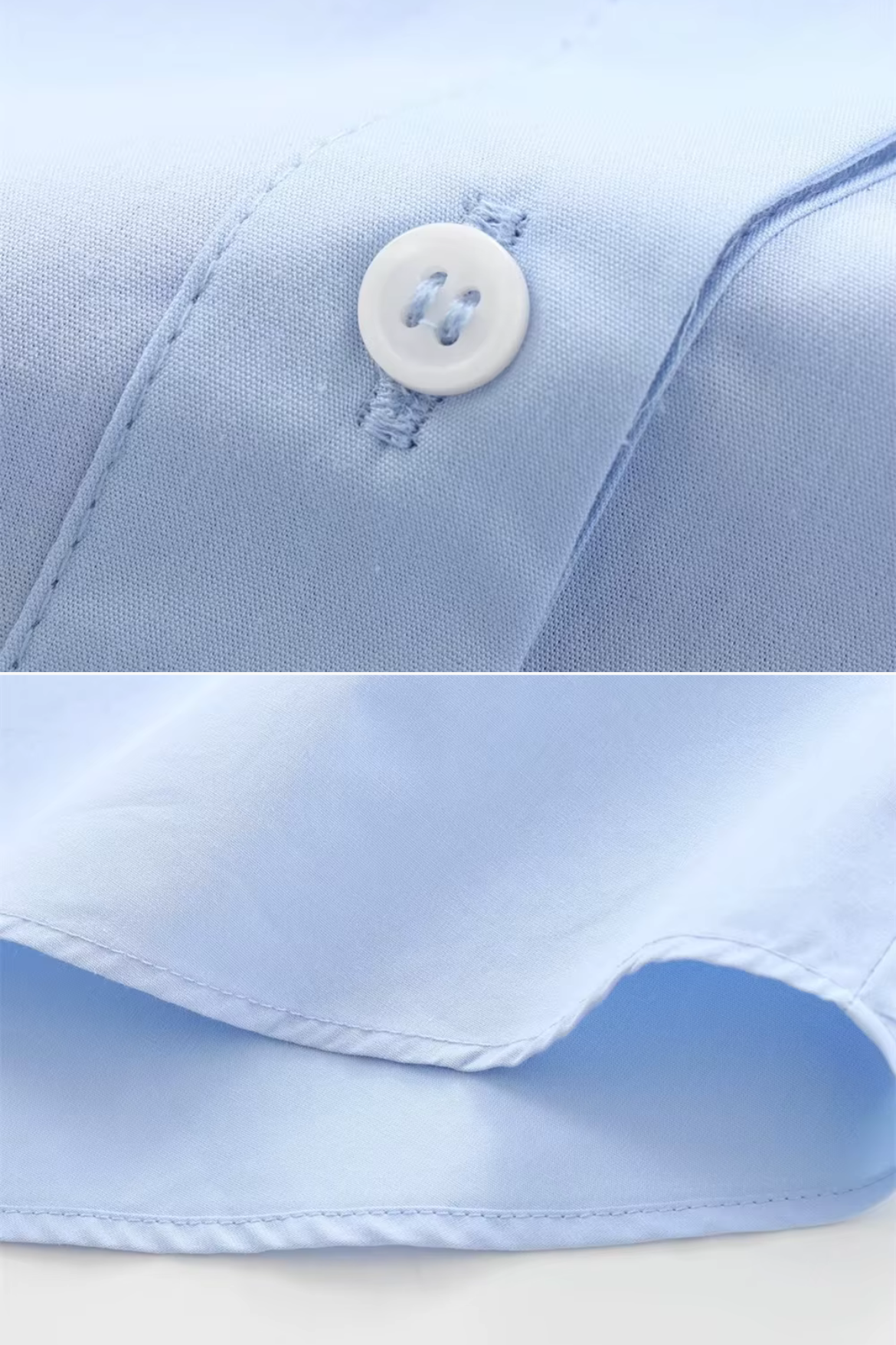 Close-up of a light blue shirt with a button and collar detail.