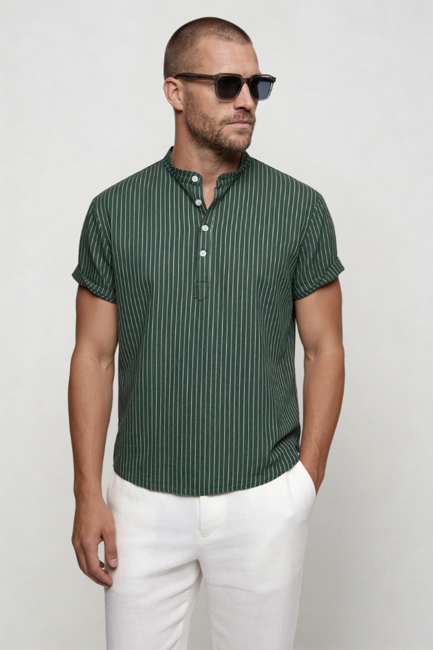 Kasen Striped Henley Shirt - Green
