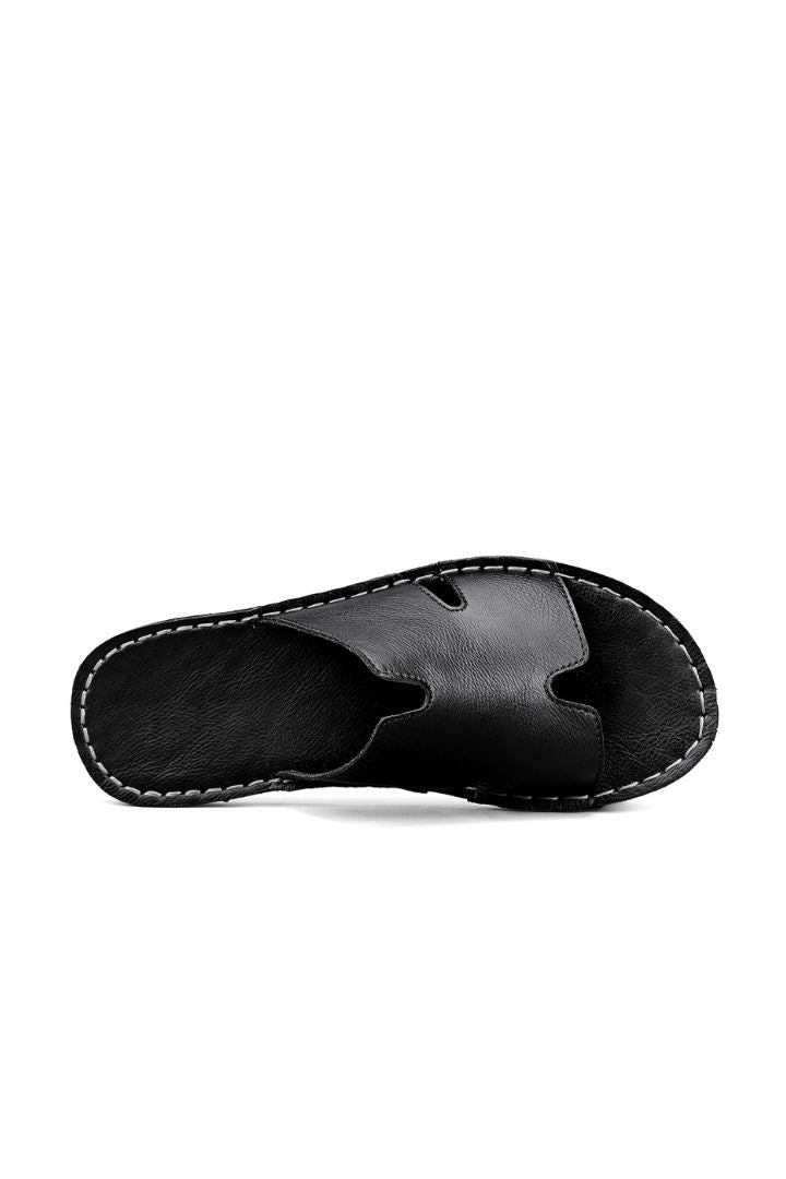 Men’s black timeless leather slide sandals with cowhide upper and stitched sole design upper view