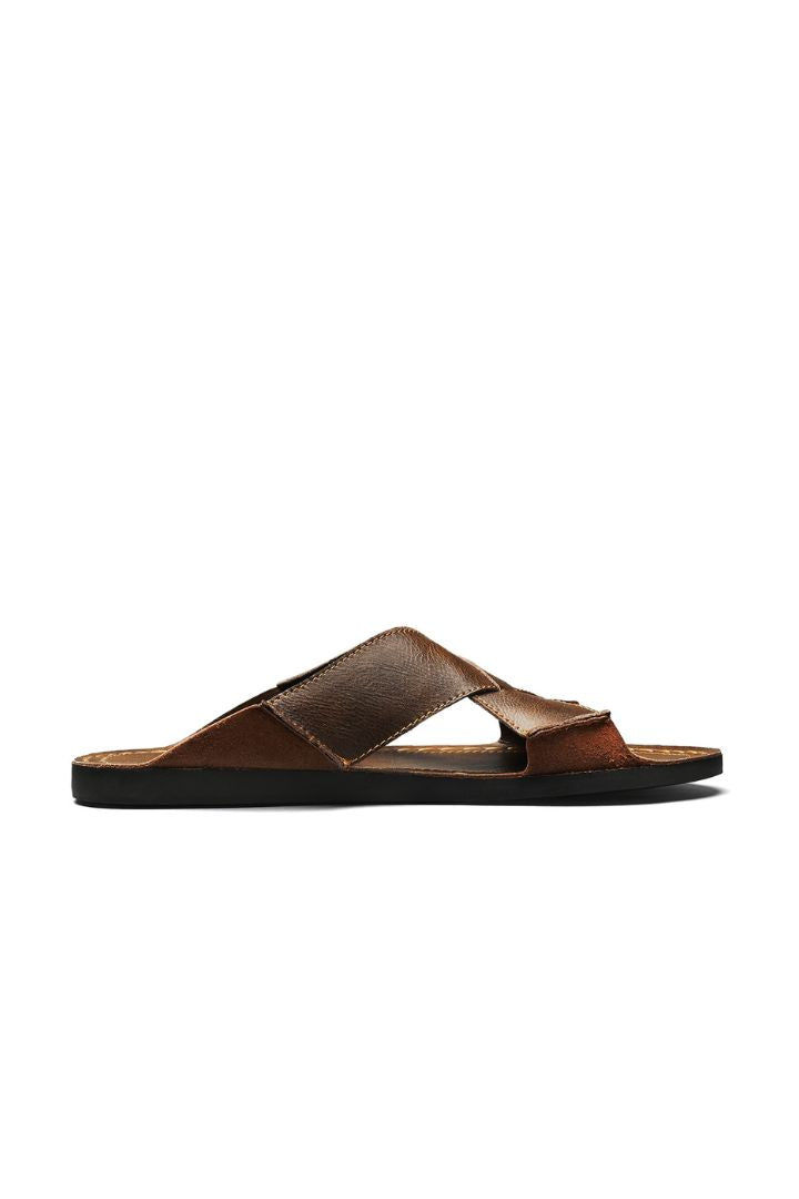 Men’s brown cross-strap leather slide sandals with cowhide upper and stitched footbed design side view