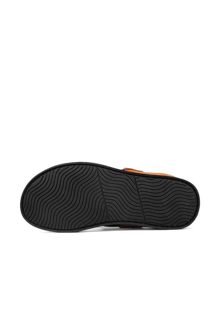 Men’s brown cross-strap leather slide sandals with cowhide upper and stitched footbed design sole 