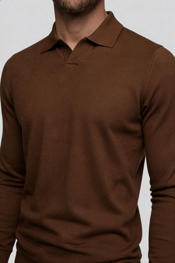 Men’s brown long sleeve knit polo shirt with tailored fit and structured collar