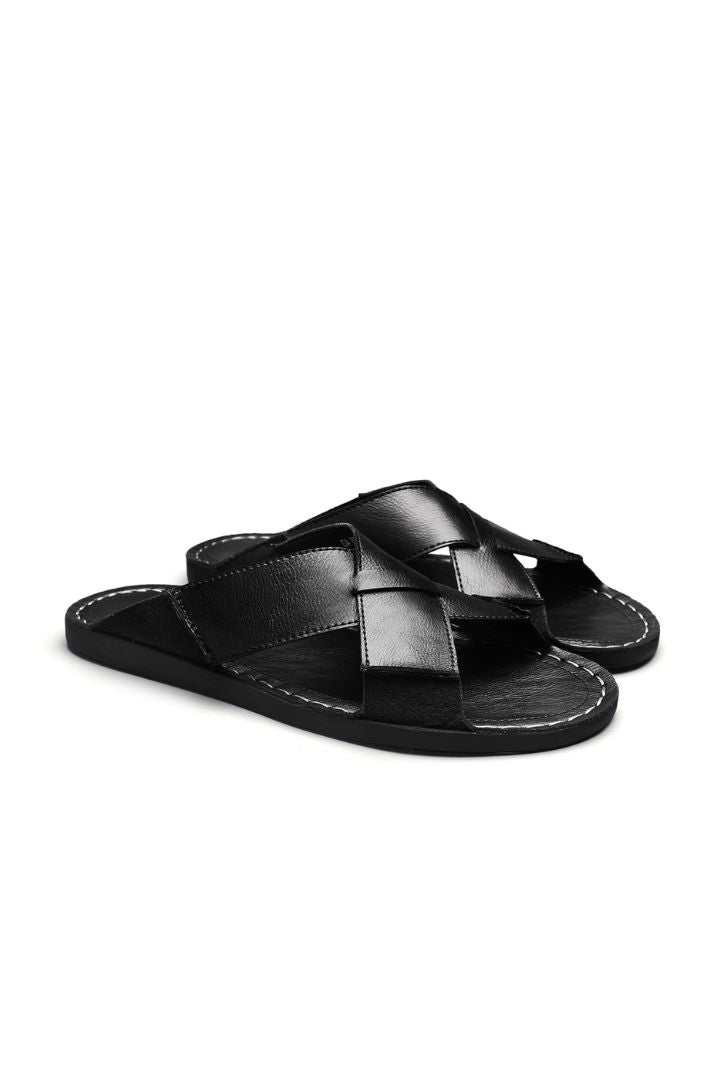 Men’s black cross-strap leather slide sandals with cowhide upper and stitched footbed design