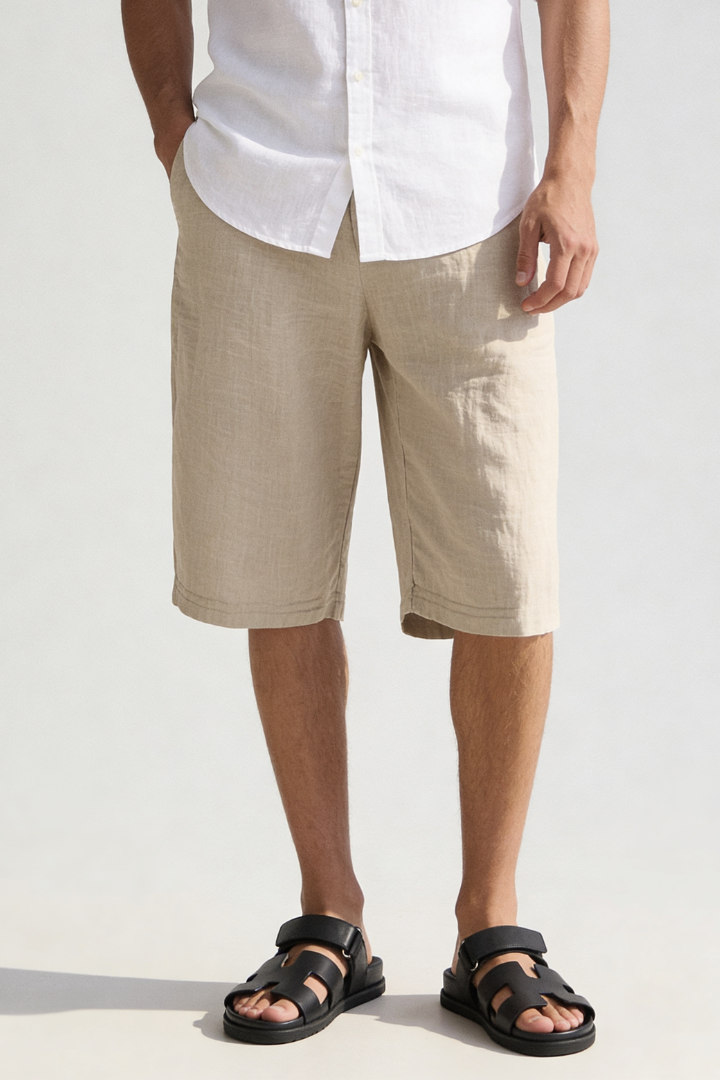 Trevor Linen Drawstring Capri Shorts - Beige