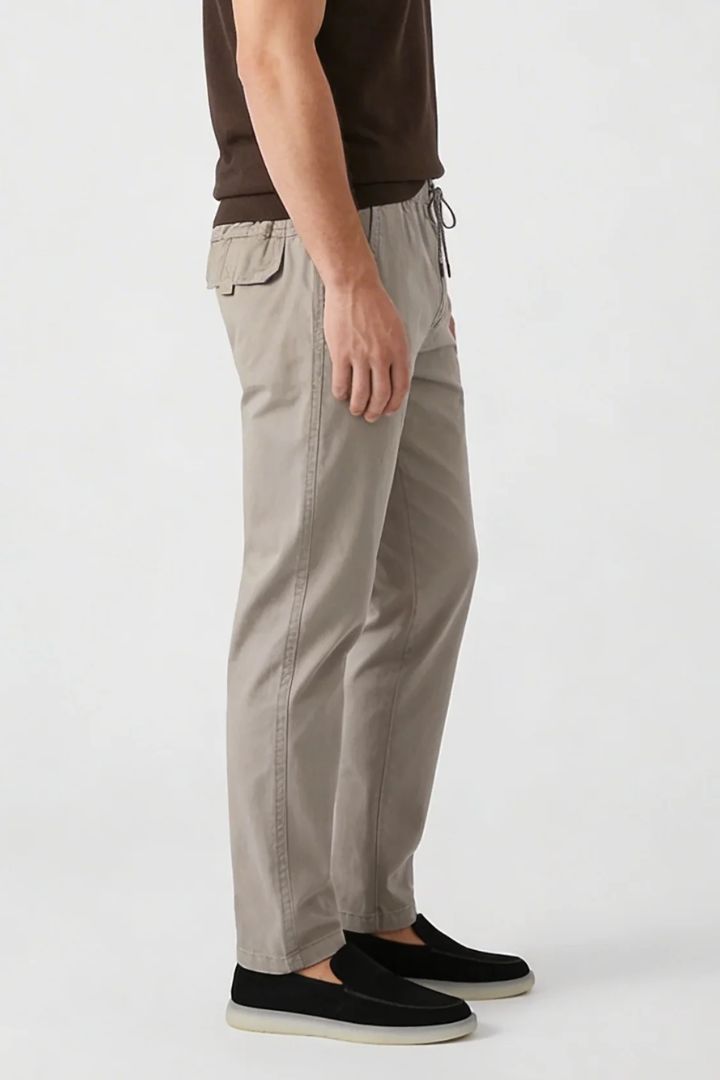 Men’s Sandstone Cotton Drawstring Trousers – side view, smart-casual fit