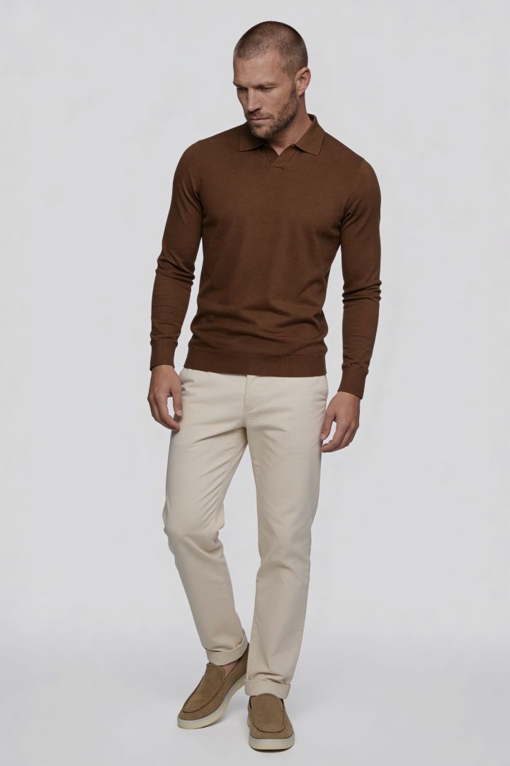 Men’s brown long sleeve knit polo shirt with tailored fit and structured collar full outfit