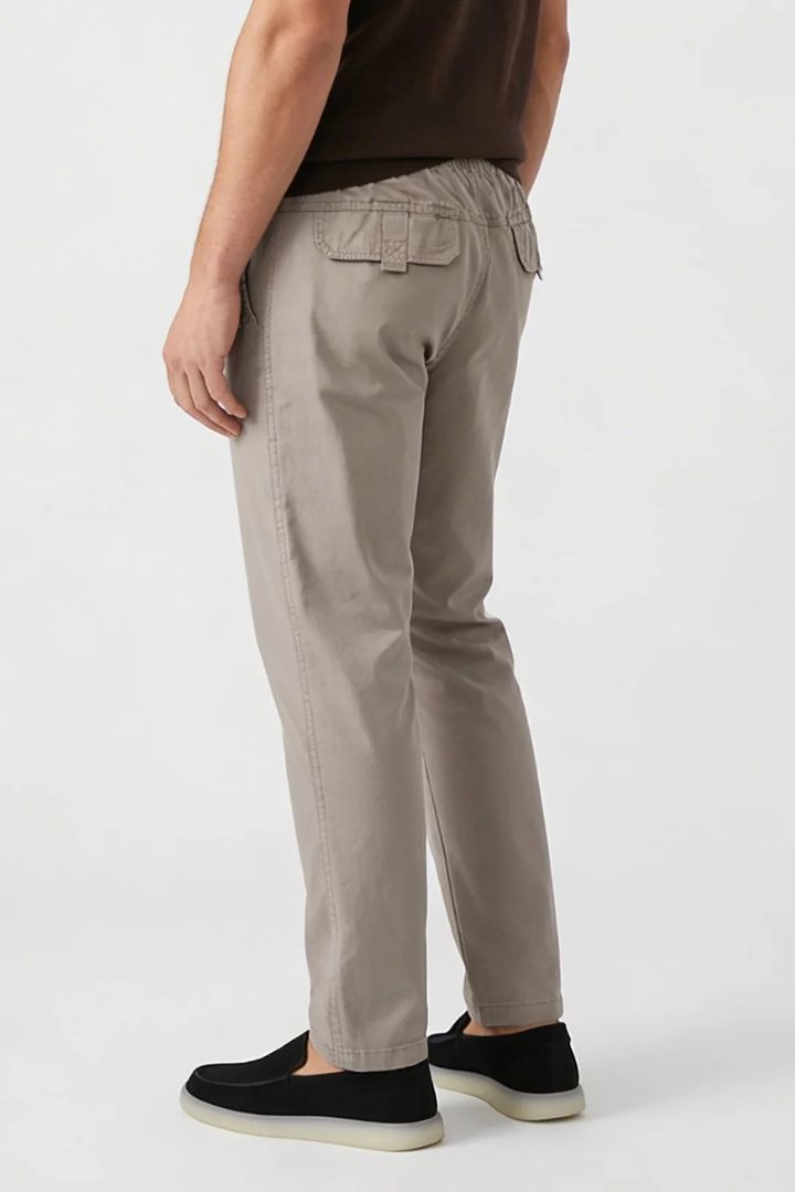Men’s Sandstone Cotton Drawstring Trousers – side view, smart-casual fit
