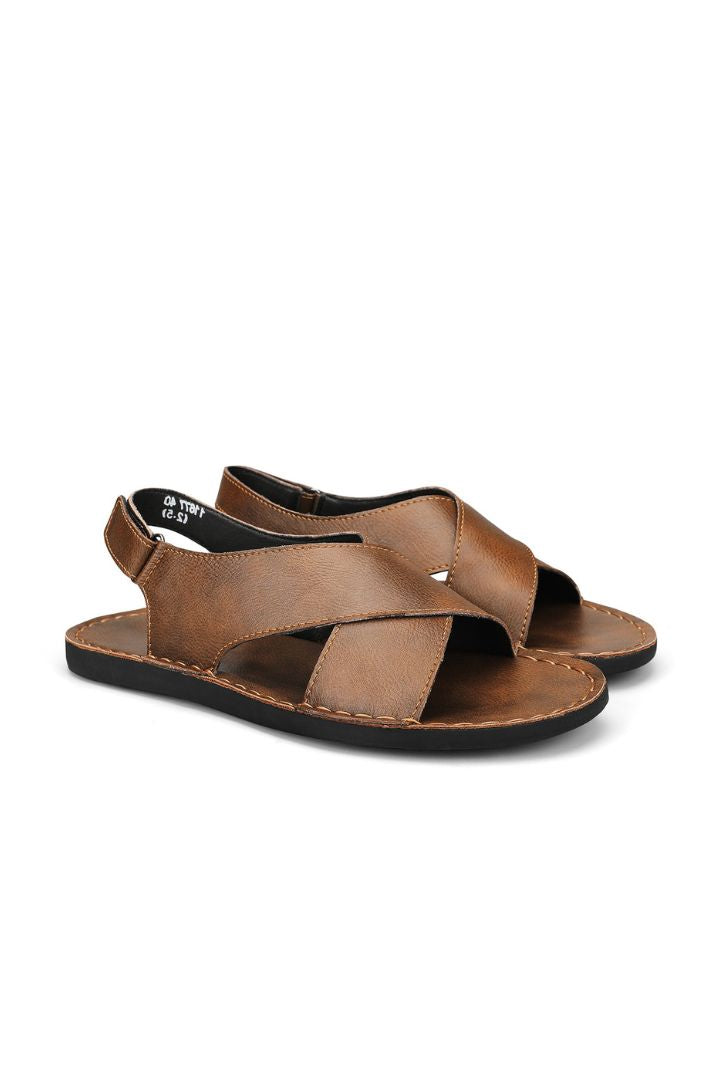Men’s brown leather cross-strap sandals with adjustable heel strap and stitched sole detail