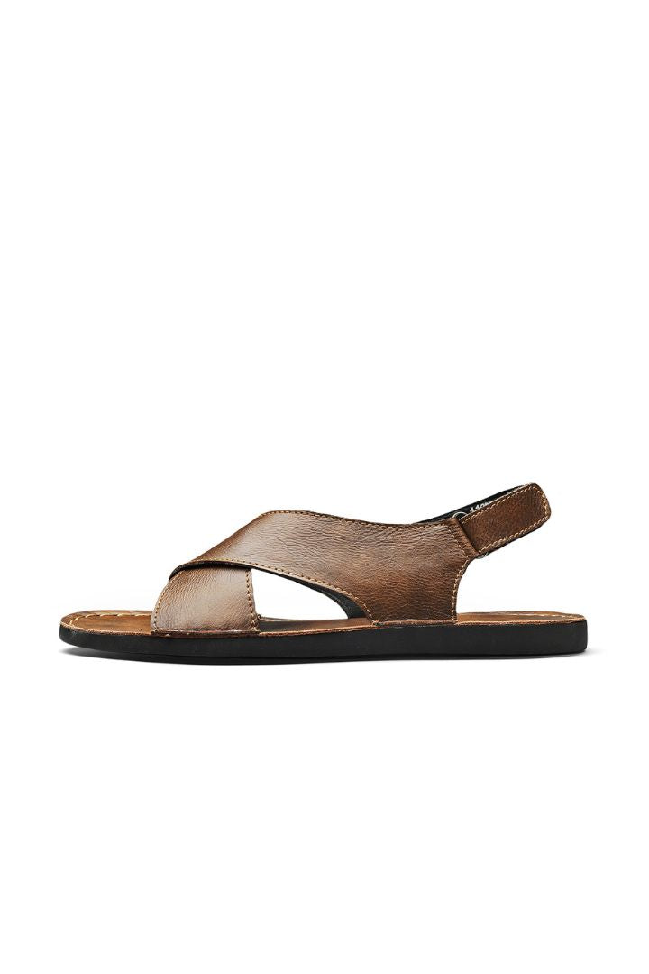 Men’s brown leather cross-strap sandals with adjustable heel strap and stitched sole detail side view