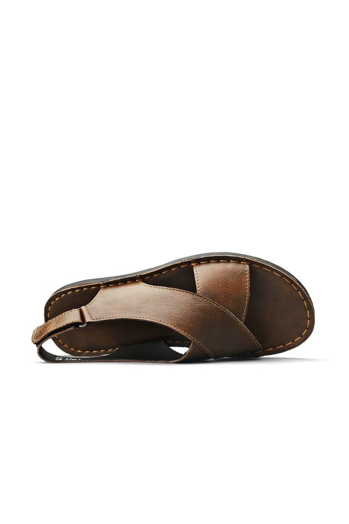 Men’s brown leather cross-strap sandals with adjustable heel strap and stitched sole detail top view
