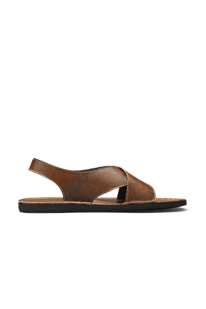 Men’s brown leather cross-strap sandals with adjustable heel strap and stitched sole detail side view