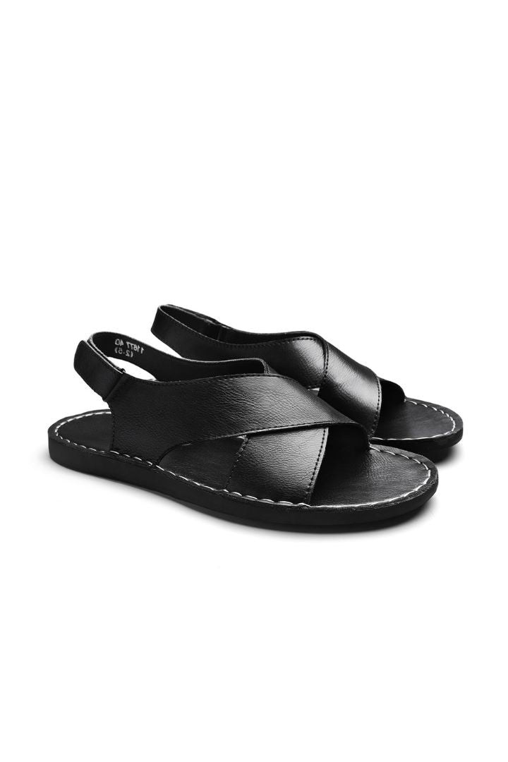Men’s black leather cross-strap sandals with adjustable heel strap and stitched sole detail