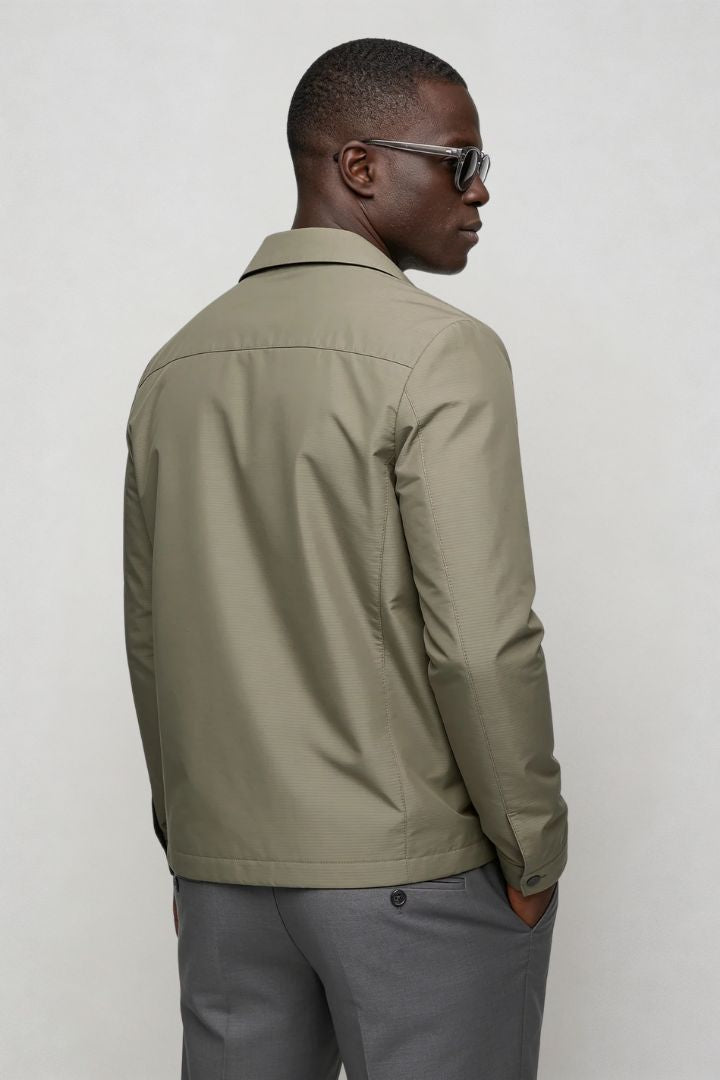 Walker Lightweight Essential Jacket – Olive Lightweight Polyester – Structured Zip Front – Modern Fit – back View