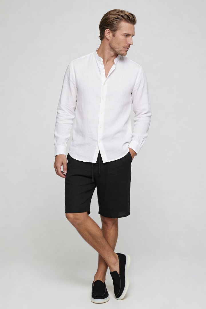 Men’s 100% linen black drawstring shorts with elastic waist and relaxed summer fit Lavencio model