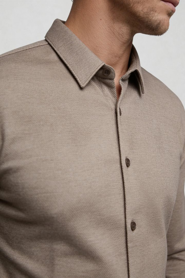 mens structured knit dress shirt taupe smart casual shirt close-up