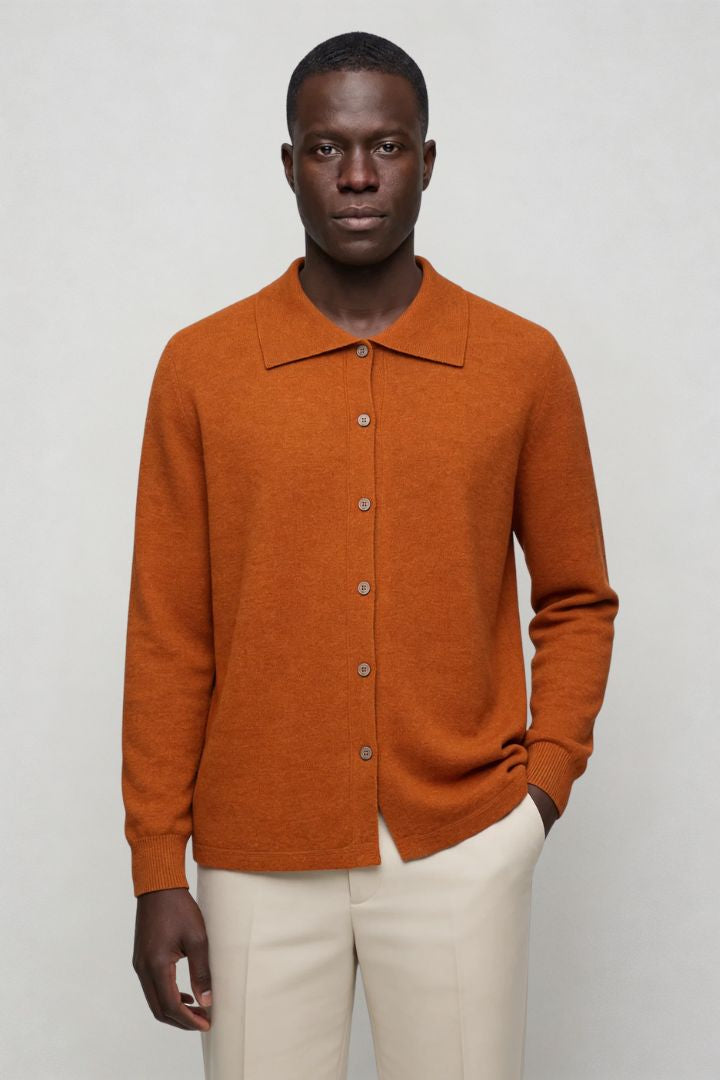 Men’s 100% wool knit cardigan sweater in orange with button front and classic collar design