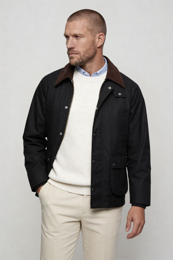 Lavencio Men’s cotton field jacket with corduroy collar and utility pocket design side pose
