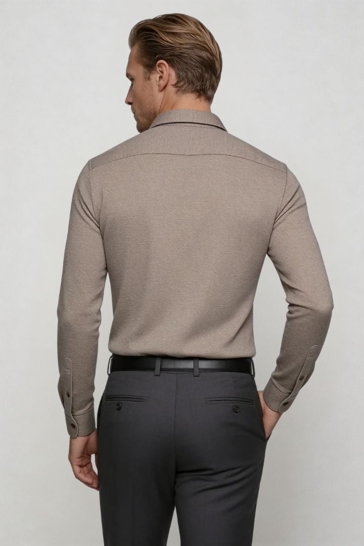 mens structured knit dress shirt taupe smart casual shirt back view