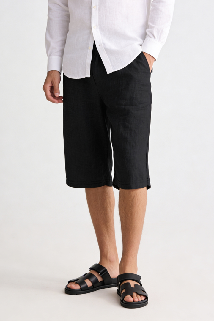 Trevor Linen Drawstring Capri Shorts - Black