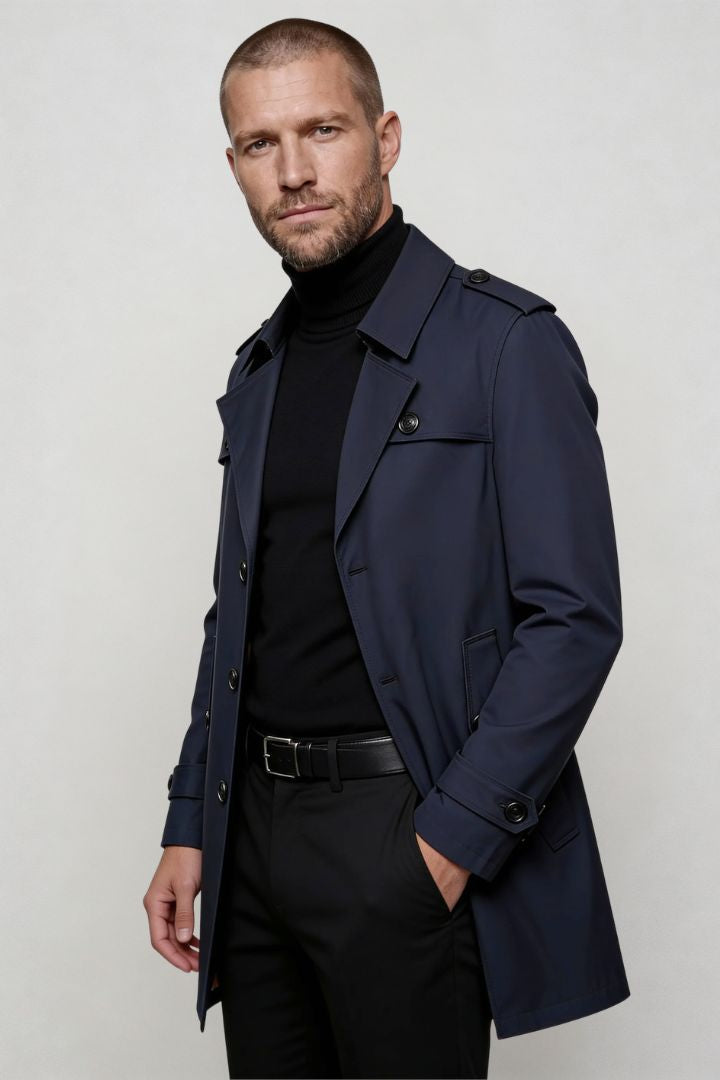 men’s navy mid-length tailored coat smart casual trench jacket structured fit front view