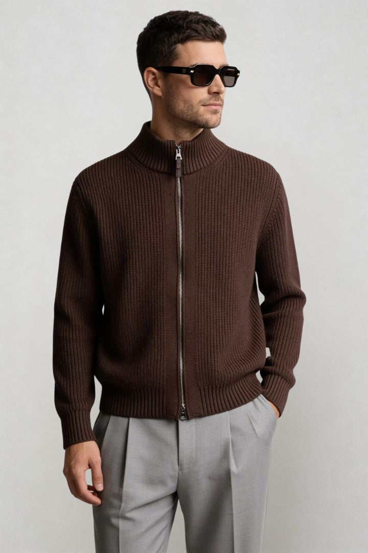 Ellis Cotton Zip-Up Cardigan - Brown