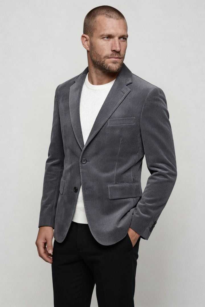 Lavencio Men’s slim fit gray corduroy blazer with notch lapel and two-button closure side pose