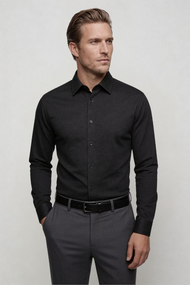 mens structured knit dress shirt black smart casual shirt
